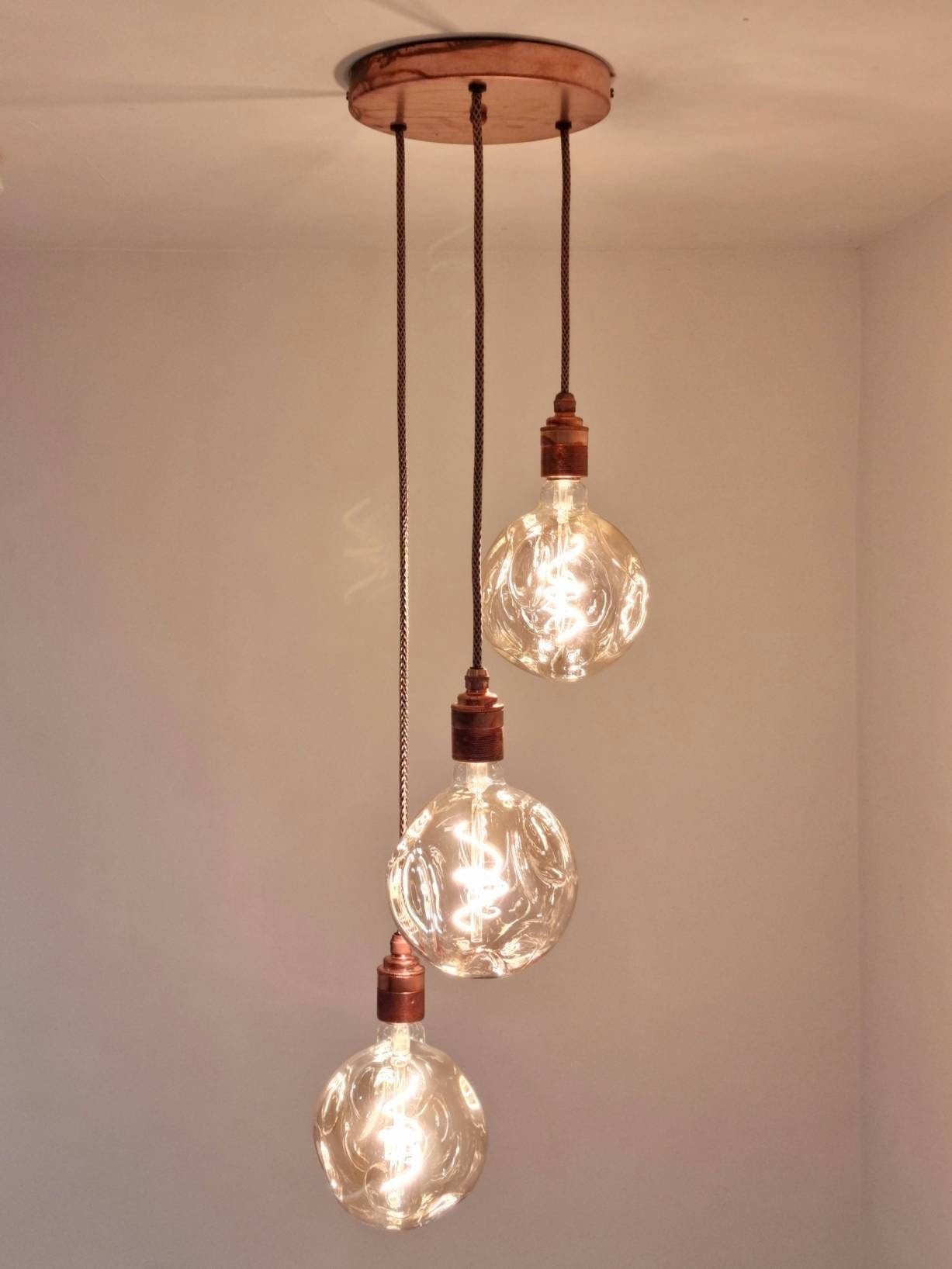 Rustic aged copper 3 drop pendant (without bulb)