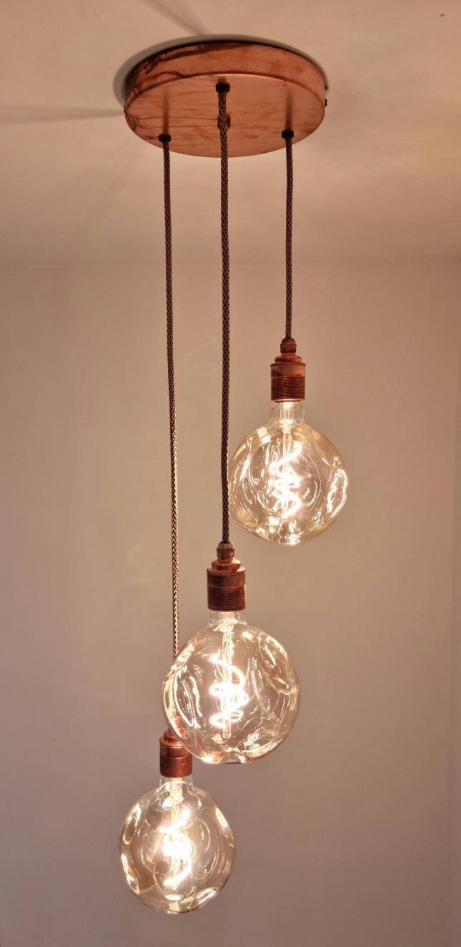Rustic aged copper 3 drop pendant (without bulb)