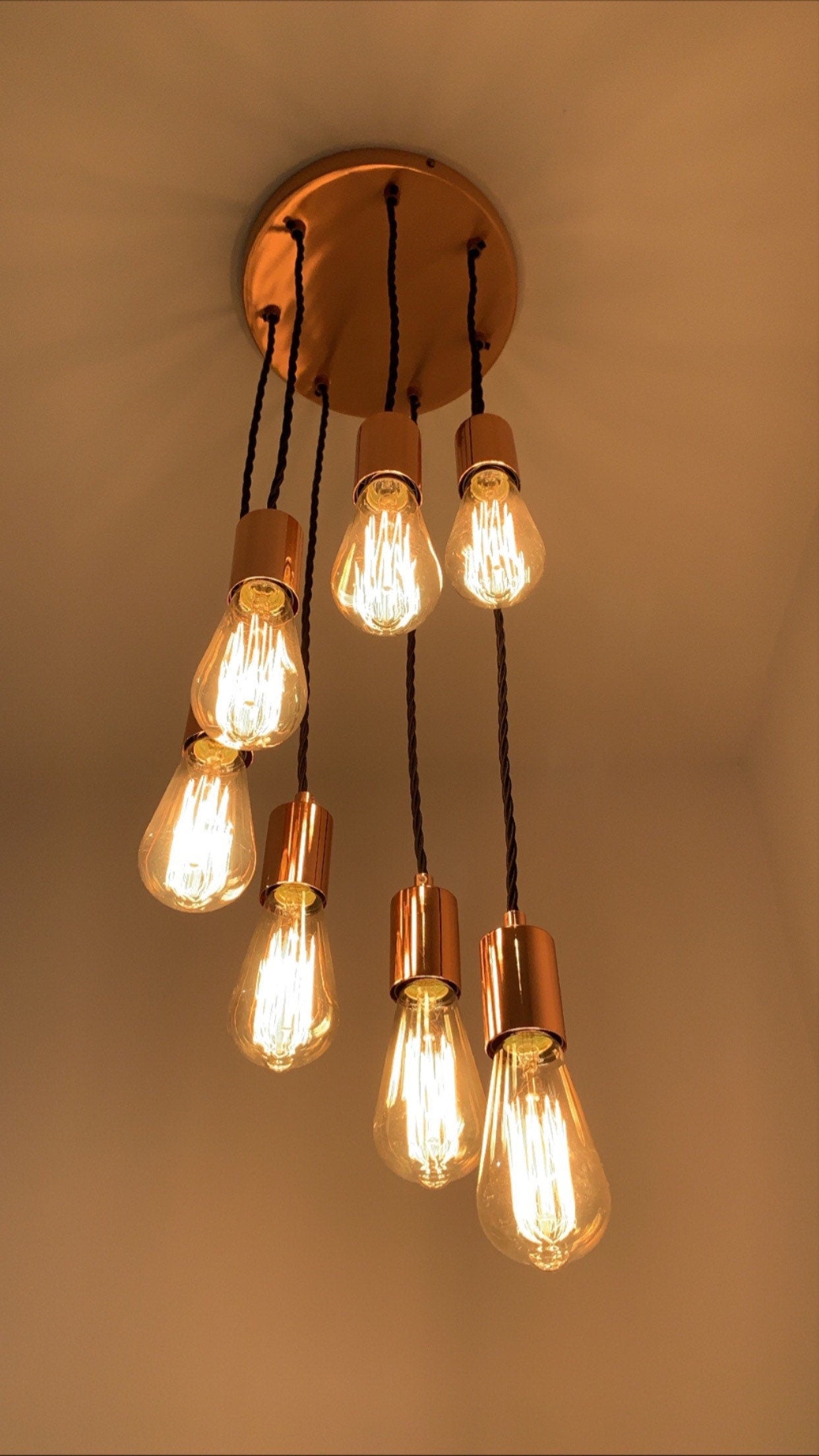 Polished copper 7 drop large pendant light (without bulbs)