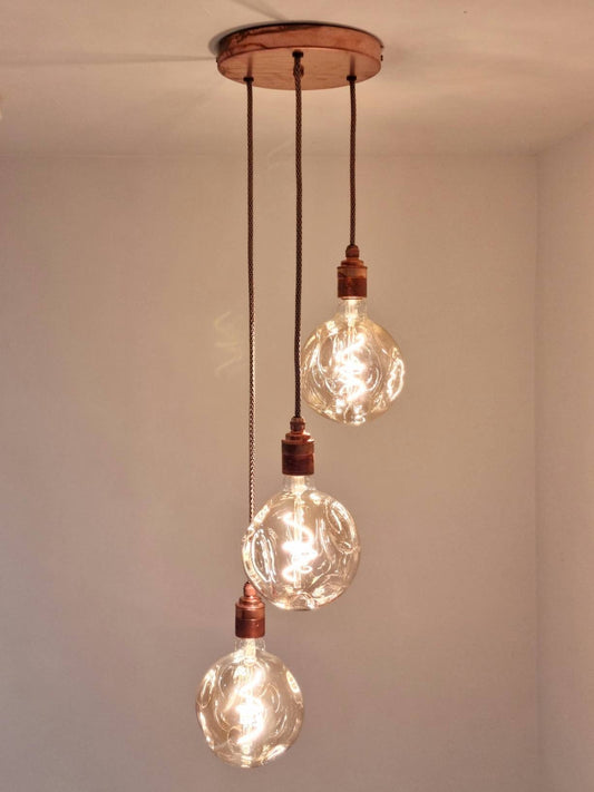 Rustic aged copper 3 drop pendant (without bulb)